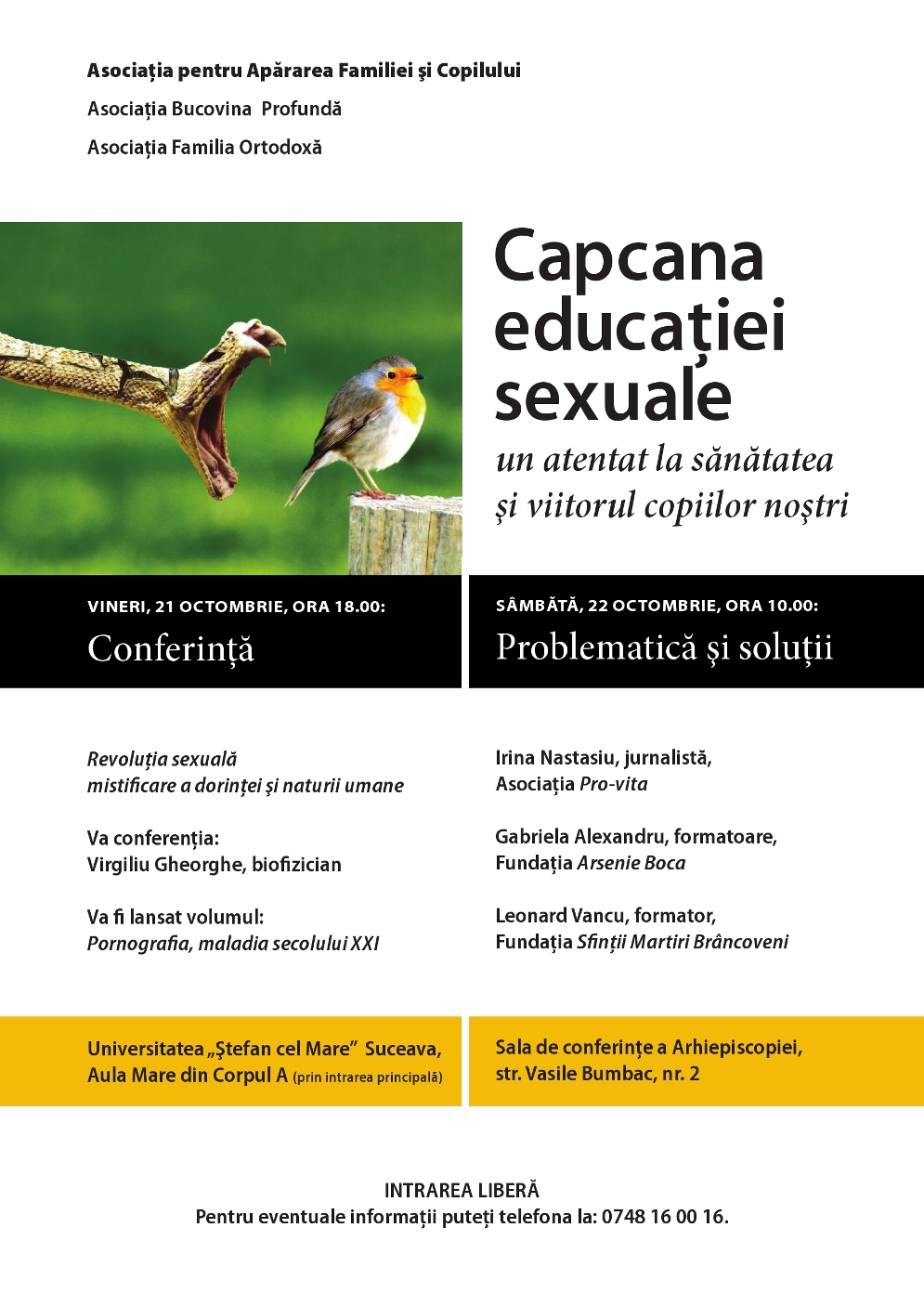 CAPCANA EDUCATIEI SEXUALE: conferinte la Suceava (21-22 octombrie)