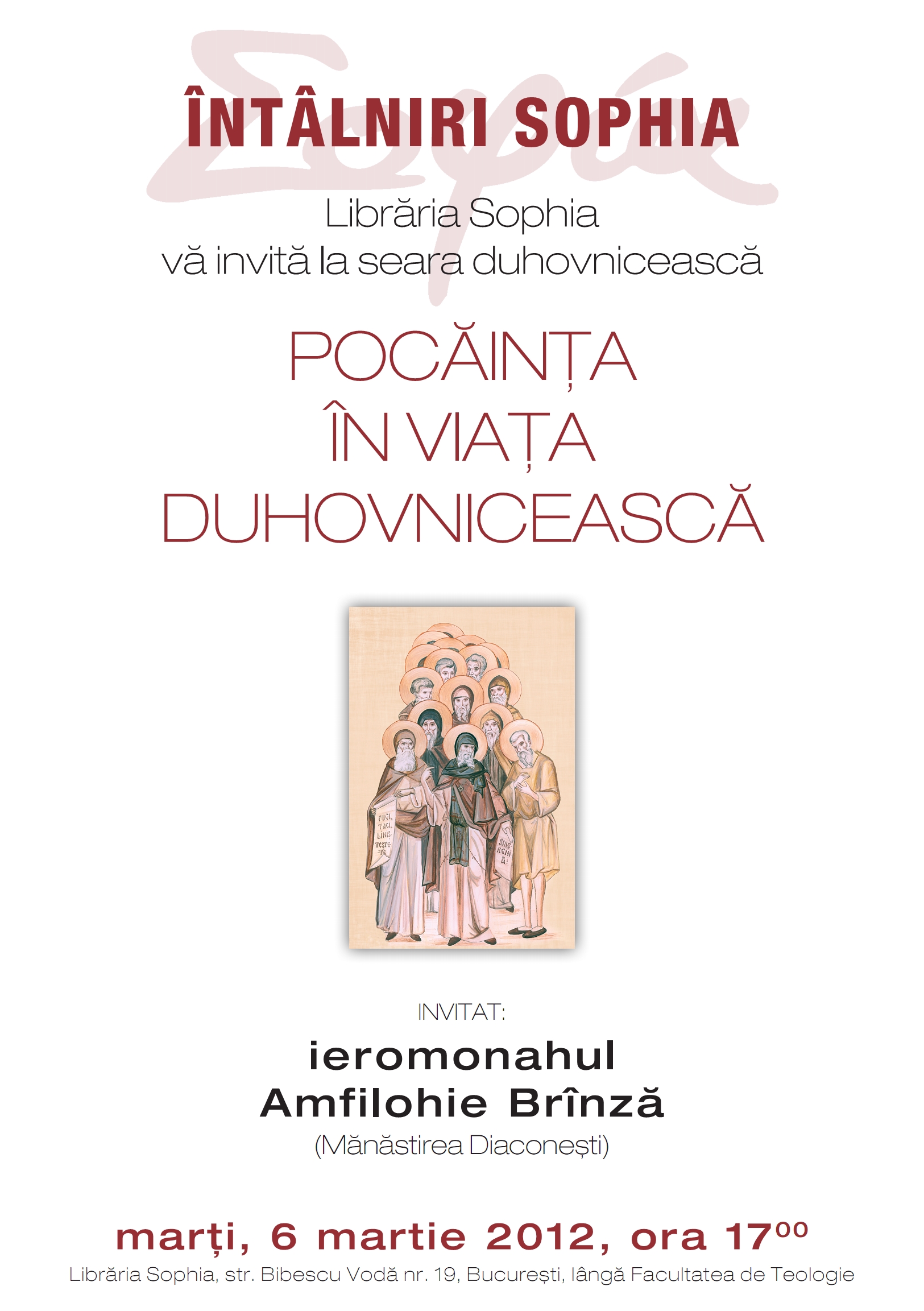 Intalnire cu Parintele Amfilohie, pe 6 martie, la Libraria Sophia (Bucuresti): POCAINTA IN VIATA DUHOVNICEASCA