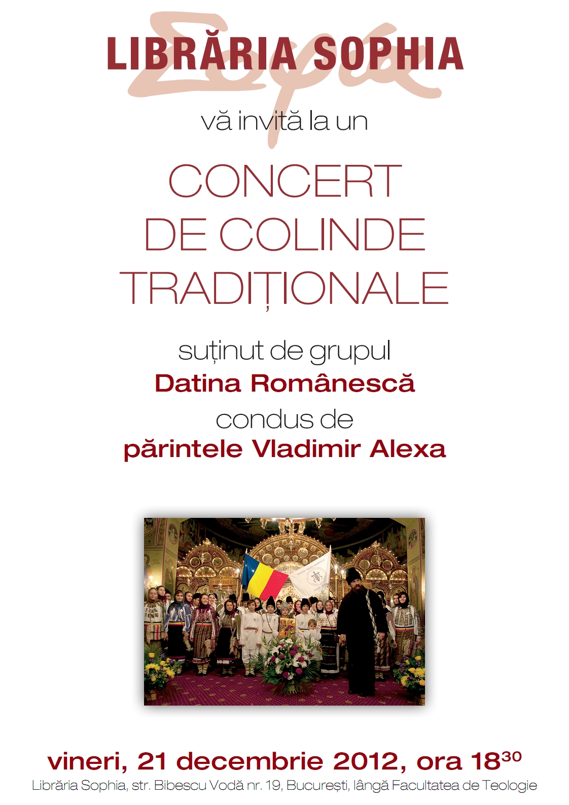 CONCERT DE COLINDE TRADITIONALE cu grupul <i>“Datina romaneasca”</i> – astazi (vineri 21 decembrie) la LIBRARIA SOPHIA