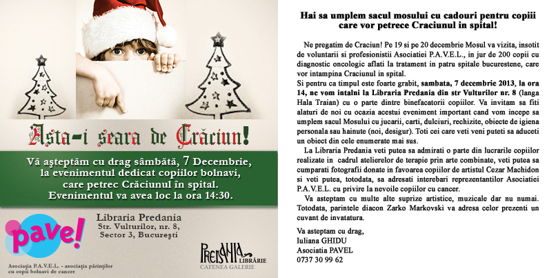 Eveniment caritabil la LIBRARIA PREDANIA, dedicat copiilor care-si petrec Craciunul in spital