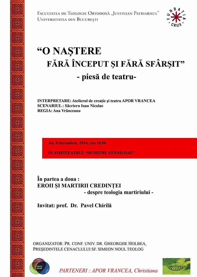 PIESA DE TEATRU CRESTIN LA FTOUB: <i>“O nastere fara inceput si fara sfarsit”</i>/ Conferinta despre TEOLOGIA MARTIRIULUI cu dr. Pavel Chirila (8 decembrie)