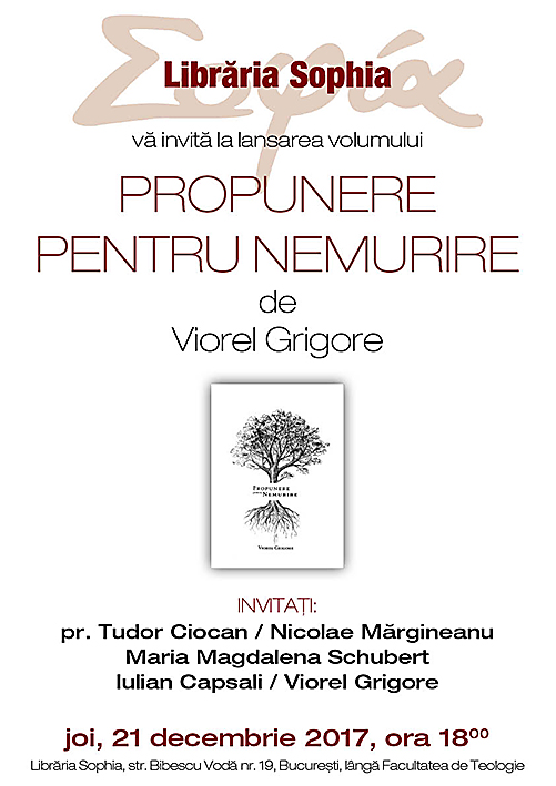 Lansare de carte la Sophia: PROPUNERE PENTRU NEMURIRE, de VIOREL GRIGORE