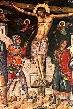 Wall-painting with the Crucifixion, by the Cretan painter Theophanis Strelitzas Bathas, 1535, Mount Athos, Monastery of the Great Lavra